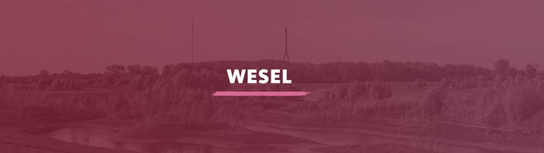Blick flussabwärts auf Flussauengebiet oberhalb der Lippemündung in den Rhein an der Niederrheinbrücke. Darauf der Schriftzug "Wesel".