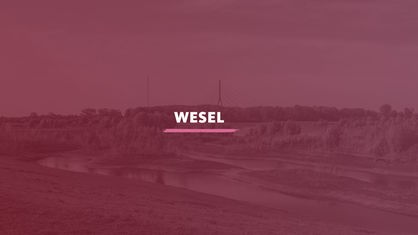 Blick flussabwärts auf Flussauengebiet oberhalb der Lippemündung in den Rhein an der Niederrheinbrücke. Darauf der Schriftzug "Wesel".