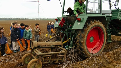 Kinder stehen auf einem Acker hinter einem Traktor, der einen Kartoffelernter hinter sich gespannt hat.