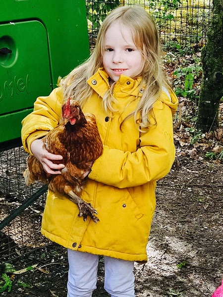 Ein Mädchen mit gelber Jacke hält ein Huhn auf dem Arm.