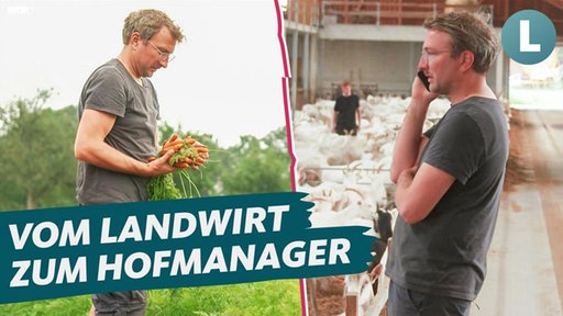 Ein Mann in dunkelgrünem T-Shirt hält auf der linken Bildseite ein Bund Möhren in der Hand. Auf der rechten Bildseite steht er in einem Ziegenstall und telefoniert