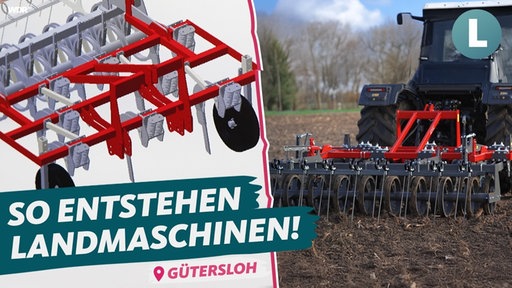 Ein Trecker zieht einen Grubber über ein Feld, daneben ist der Grubber einzeln zu sehen. Darunter steht der Text: So entstehen Landmaschinen. 