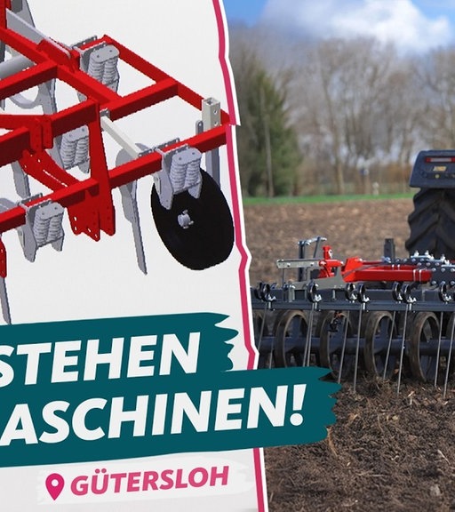 Ein Trecker zieht einen Grubber über ein Feld, daneben ist der Grubber einzeln zu sehen. Darunter steht der Text: So entstehen Landmaschinen. 