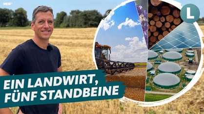 Ein Mann mit grau-braunen Haaren und dunkelblauem T-Shirt am linken Bildrand. Am rechten Bildrand ein Kuchendiagramm mit fünf unterschiedlich großen Feldern, die landwirtschaftliche Fotografien beinhalten