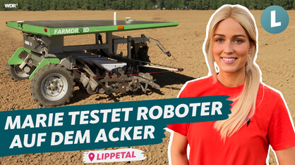 Ein Feldroboter steht auf einem Acker in Lippetal, im Vordergrund Landwirtin Marie Hoffmann.
