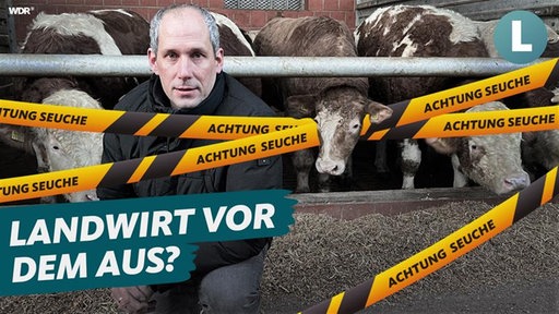 Landwirt Bernd Telgmann hockt vor seinen kranken Rindern und schaut in die Kamera, dazwischen Absperrbänder mit der Aufschrift "Achtung Seuche". Davor der Schriftzug: "Landwirt vor dem Aus?"