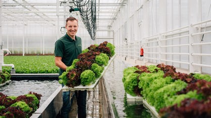 Harrold Thijssen hält eine Styroporplatte, auf der Salatköpfe gepflanzt sind in den Händen.