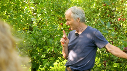 Mann steht vor einem Apfelbaum, schaut zur Seite und hat seinen Zeigefinger erhoben