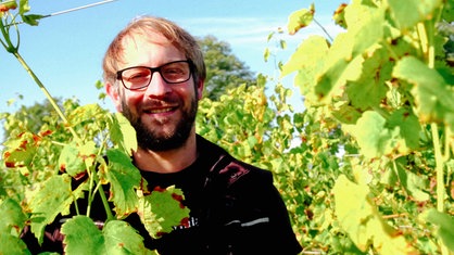 Winzer Gianluca Antoniazzi steht in Geldern zwischen Weinreben