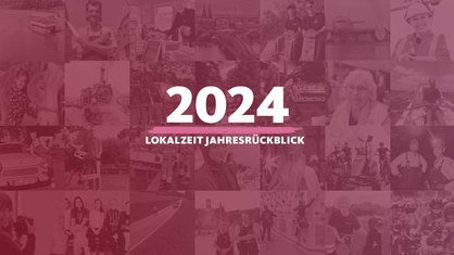 Auf einem pinken Vordergrund steht "2024 Jahresrückblick", im Hintergrund viele kleine Bilder aus Lokalzeit-Geschichten