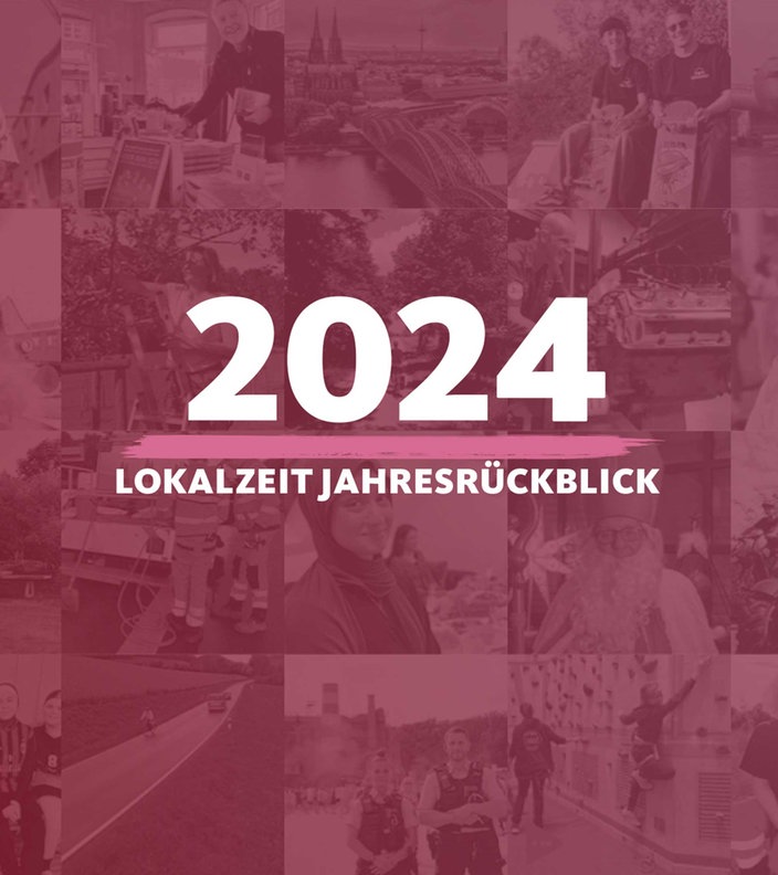 Auf einem pinken Vordergrund steht "2024 Jahresrückblick", im Hintergrund viele kleine Bilder aus Lokalzeit-Geschichten