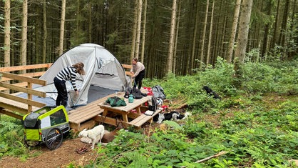 Zwei Frauen bauen ein großes Zelt auf einer Holz-Plattform auf.