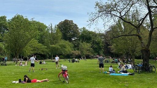 Auf der Liegewiese im Bunten Garten lesen und picknicken Menschen, andere spielen Spikeball