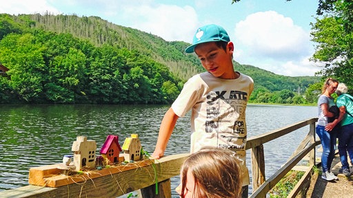 Der neunjährige Luke schaut auf ein Elfenhäuschen