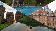 Symbolbilder: Schwimmbad, Schloss, Floss und Externsteine