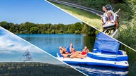 Tetraeder, Badesee und Sommerrodelbahn als Collage arrangiert