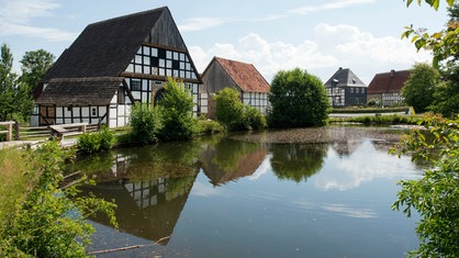 Alte Fachwerkhäuser stehen im Freilichtmuseum Detmold an einem Teich