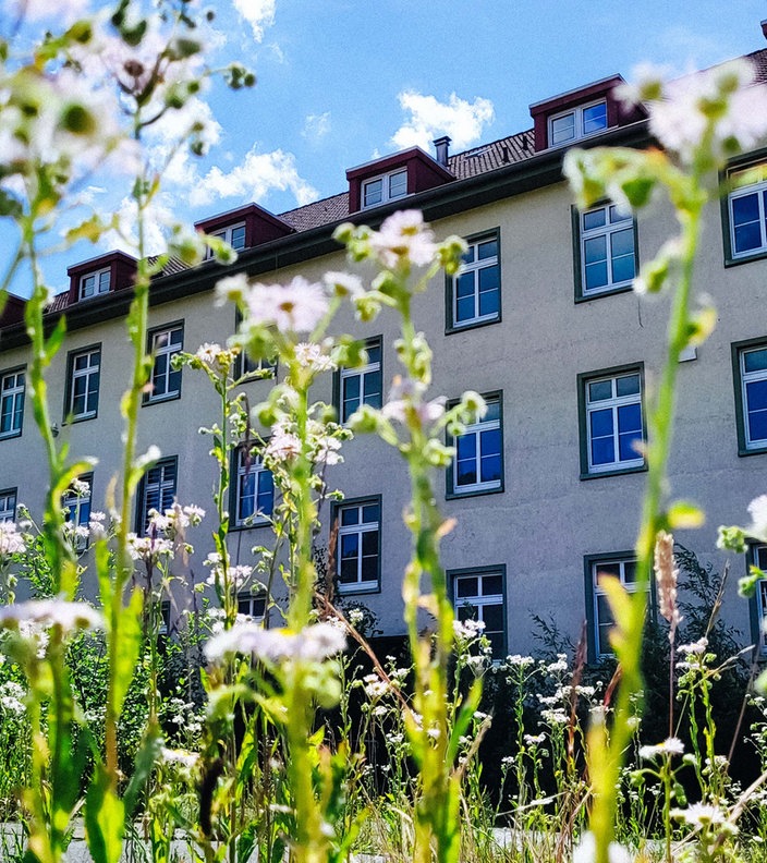 Die Hammersmith-Kaserne in Herford von außen. Zwischen den Bodenplatten im Vordergund wachsen wilde Pflanzen.