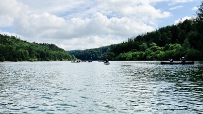 Panorama von der Wuppertalsperre mit bewaldeten Hängen, auf dem Wasser sind Kanus.