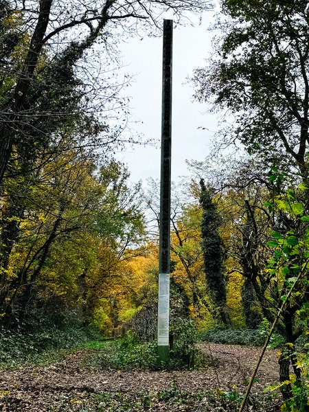 Eine braune Metallstele ist umgeben von vielen Bäumen