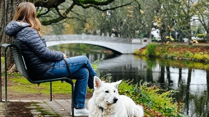 Ein weißer Hund liegt auf einer begrünten Fläche. Auf einer Bank neben ihr eine mittelalte Frau. Im Hintergrund ein Kanal und eine Brücke