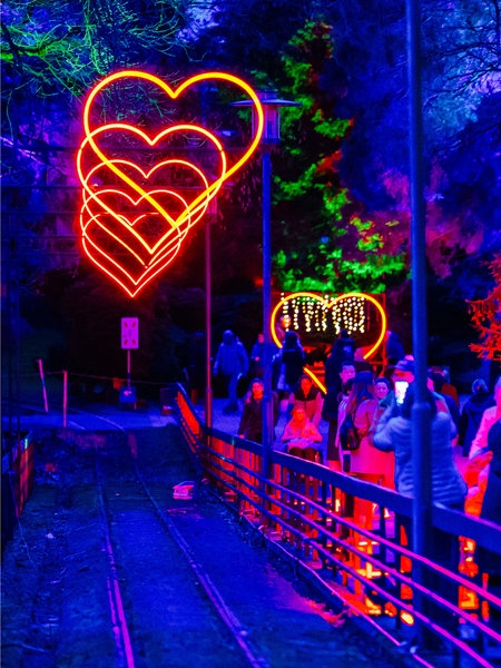 Menschen laufen durch beleuchtete Neonherzen, die im Park hängen. 