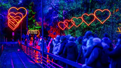 Menschen laufen durch beleuchtete Neonherzen, die im Park hängen. 