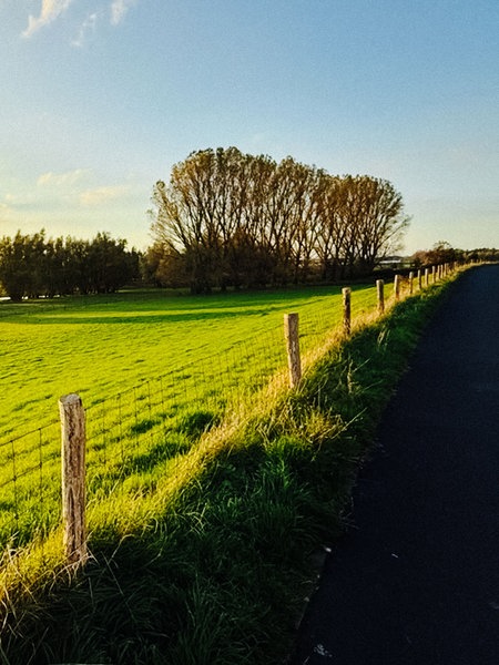 Eine Landschaft bei Sonnenuntergang. Rechts ein Wanderweg