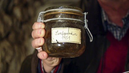 Eine Hand hält ein gefülltes Einmachglas mit der Aufschrift "Senfgurken 1951"