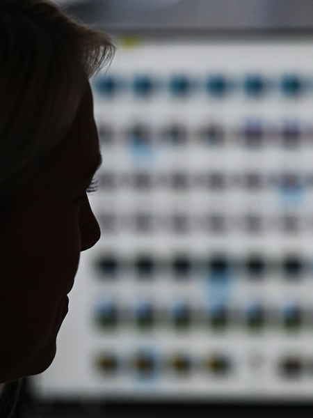 Eine Ermittlerin sitzt vor einem Monitor mit Fotodateien