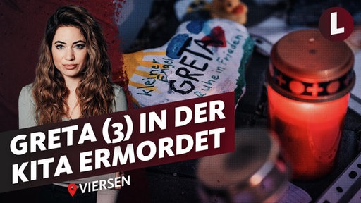 MordOrte-Host Alina Freimann steht im Bild, vor ihr der Schriftzug: Greta (3) in der Kita ermordet, im Hintergrund steht ein Grablicht.