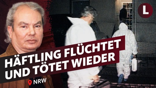 Man sieht die Aufschrift "Häftling flüchtet und tötet wieder" vor einem älteren Mann mit grauem Haar. Daneben sieht man mit weißen Anzügen gekleidete Menschen.