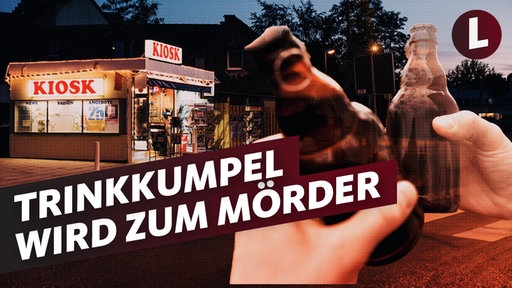 Teaserbild MordOrte Video: Links ein Kiosk Hintergrund, rechts zwei sich zuprostende Hände mit Bierflaschen