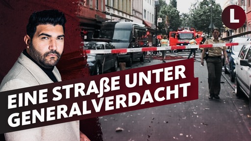 MordOrte Teaserbild: Moderator Hamzi Ismail links, rechts die abgesperrte Keupstraße