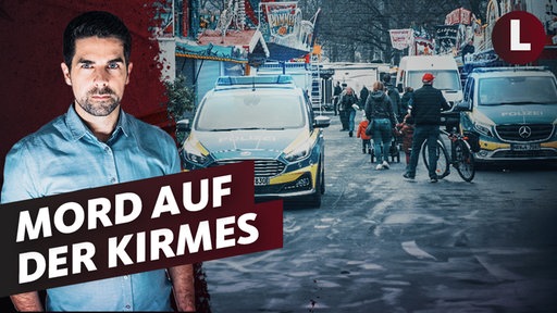 Schriftzug "Mord auf Kirmes". Im Hintergrund eine leere Kirmes mit Polizeiautos.