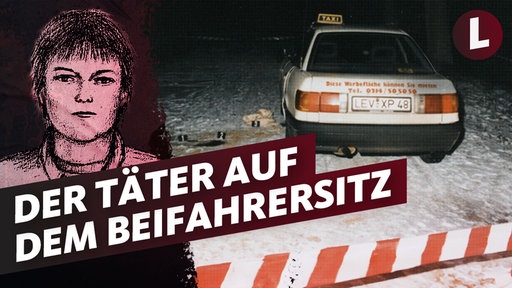 Teaserbild MordOrte: Auf der linken Seite die Zeichnung einer Frau, rechts ein Taxi