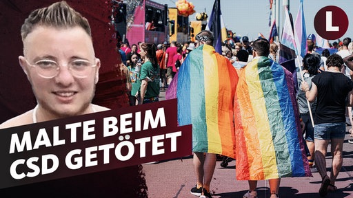 Links ein Porträt von Malte C., rechts zwei Menschen mit Regenbogenflaggen auf dem Rücken