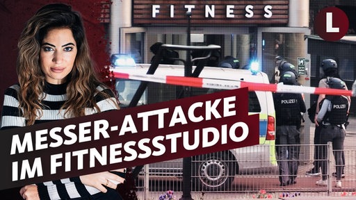 Links im Bild ist eine junge Frau mit braunen, langen Haaren im Streifenoberteil zu sehen, die in Kamera schaut, im Hintergrund ist Foto eines Fitnessstudios zu sehen, auf dem Bild steht in weißen Buchstaben "Messer-Attacke im Fitnessstudio"