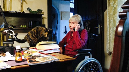 Renate Nowak sitzt im Rollstuhl in ihrem Arbeitszimmer. Sie wurde von der Seite beim Telefonieren aufgenommen. Auf dem krosigen Tisch spaziert eine schwarz-orange getigerte Katze.