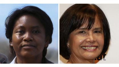 Auf einem Bildschirm sind die Fotos von zwei Gesichtern von Frauen zu sehen, eines davon ist ein echtes Foto, das andere eine computer-generierte Fälschung