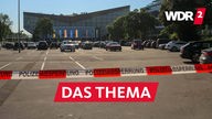 Vorbereitung für den Bundesparteitag der AfD in der Essener Grugahalle: Ein Absperrband der Polizei ist vor einem Parkplatz angebracht
