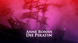 Illustration: WDR Hörspiel-Podcast "Anne Bonny - Die Piratin": Ein Piratenschiff fährt übers Meer; das Bild ist rot und lila hinterlegt.