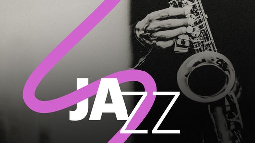 Hinter dem Schriftzug "Jazz" spielt eine Hand auf einem Saxofon