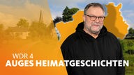 WDR 4 Auges Heimatgeschichten, Joachim Augner vor einer Landschaftsaufnahme und einem Umriss von NRW