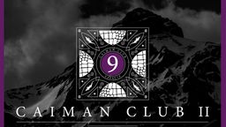 Schriftzug CAIMAN CLUB im Vordergrund, dunkel im Hintergrund ein Schnee bedeckter Berg