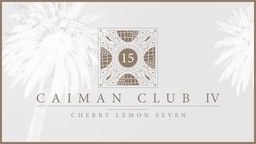 Im Hintergrund ein invertiertes Bild von Palmen, im Vordergrund das Logo und der Schriftzug Caiman Club.