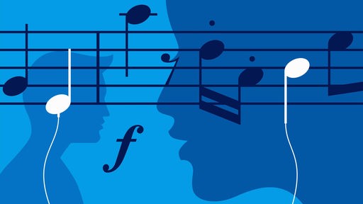 Illustration: Musikalische Noten als Kopfhörer beim Musikhören.