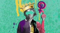 Collage eines Frauenkopfes mit Krone und Zepter