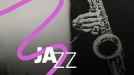 Montage: Schriftzug "Jazz" mit Händen am Saxofon 