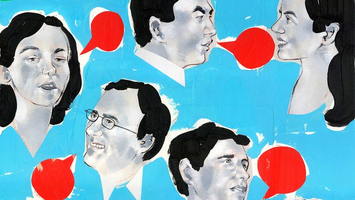 Illustration: Mehrere Gesichter mit Sprechblasen.